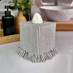Black white ticking stripe ruffle tissue box cover farmhouse bathroom