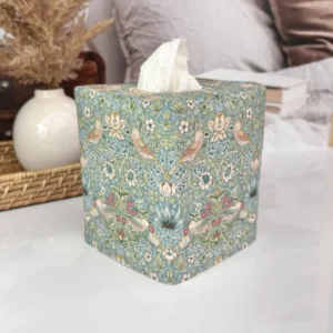 Handmade William Morris Strawberry Thief aqua tissue box cover made in the USA by Christy Crafted Covers