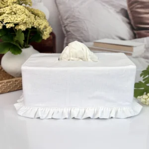 White linen ruffle rectangle tissue box cover with soft ruffled trim, farmhouse bathroom decor