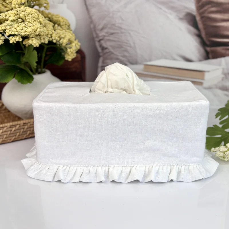 White linen ruffle rectangle tissue box cover with soft ruffled trim, farmhouse bathroom decor
