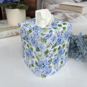 Hydrangeas & Blue Linen Reversible tissue box cover angled view with blue hydrangea flowers decor