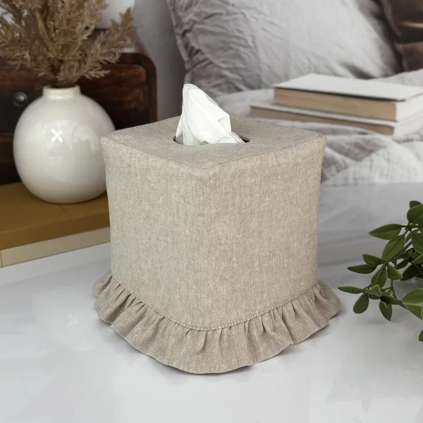Handmade natural flax linen ruffle tissue box cover on bedroom nightstand decor