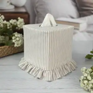 Natural ivory stripe ruffle tissue box cover handmade cottage decor