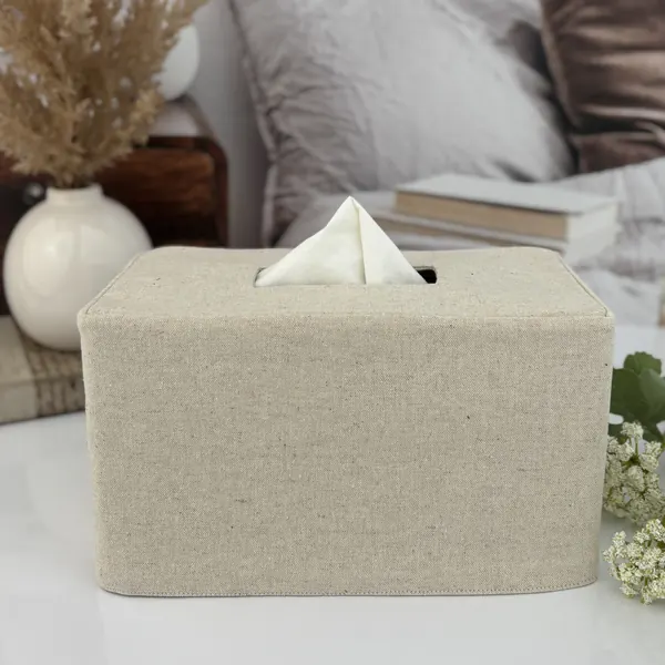 Natural linen blend rectangle decorative fabric tissue box cover handmade in USA, neutral beige fabric farmhouse decor