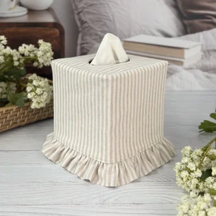 Natural stripe ruffle tissue box cover front view handmade farmhouse bathroom decor by Christy Crafted Covers