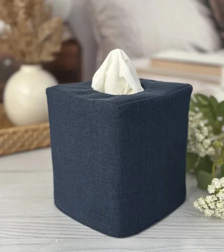 Mustard stripe linen tissue box cover front view handmade fabric Kleenex holder by Christy Crafted Covers
