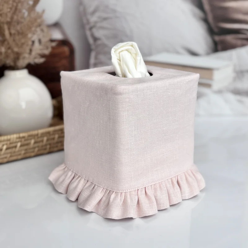 Handmade pink ruffle linen tissue box cover nursery baby room decor