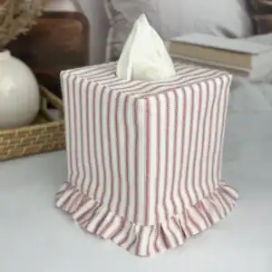 Red white ticking stripe ruffle tissue box cover farmhouse