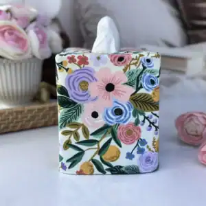 Handmade Rifle Paper Co. Garden Party reversible floral tissue box cover front view cream background pink lavender blooms