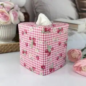 Handmade strawberry gingham reversible tissue box cover front view pink gingham red strawberries white daisies cottagecore