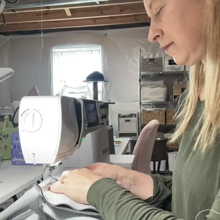 Sewing a handmade tissue box cover on a Bernina sewing machine