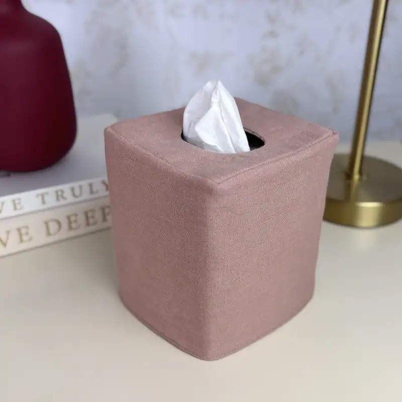 Reversible rose floral tissue box cover side 2, solid dusty pink linen tissue holder close up