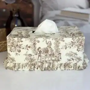 French country brown toile ruffle tissue box cover with gathered ruffle, proudly made in the USA