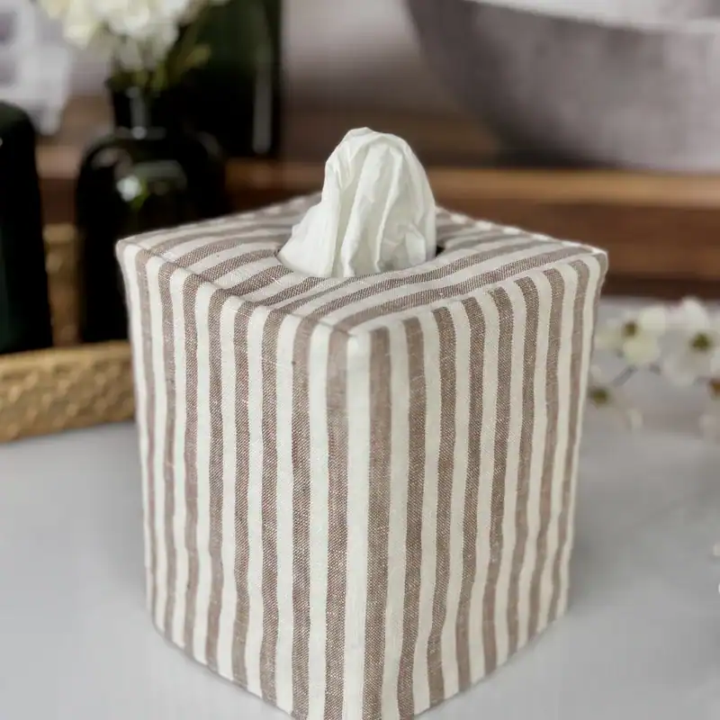 Brown and white striped tissue box cover for farmhouse bathroom decor, handmade in Cincinnati, Ohio
