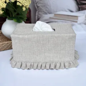 Natural linen ruffle rectangle tissue box cover with ruffle skirt, farmhouse style long tissue holder