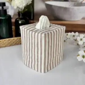 Brown and white striped tissue box cover on a bathroom counter with dark glass bottles and a stone bowl