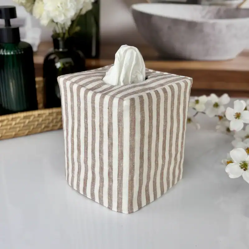 Brown and white striped tissue box cover on a bathroom counter with dark glass bottles and a stone bowl