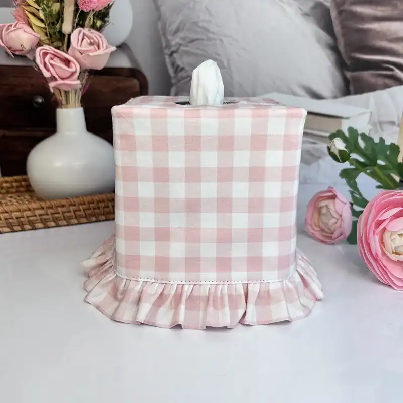 Pink gingham ruffle tissue box cover in pink and white check, handmade cottagecore bathroom decor