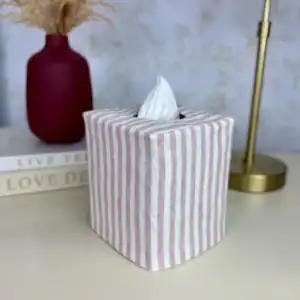 Dusty mauve pink striped tissue box cover side 1, pink and white stripe linen tissue holder