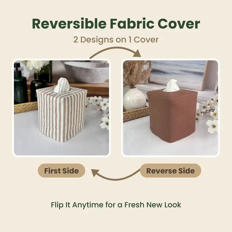 Reversible brown and white striped tissue box cover showing the stripe side and solid brown linen side, 2 in 1