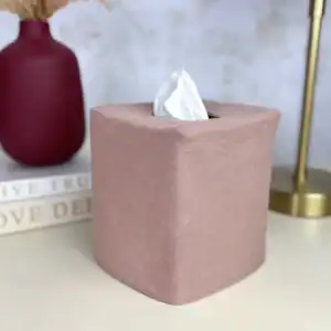 Solid dusty mauve pink linen tissue box cover shown from an angle to show the soft linen texture